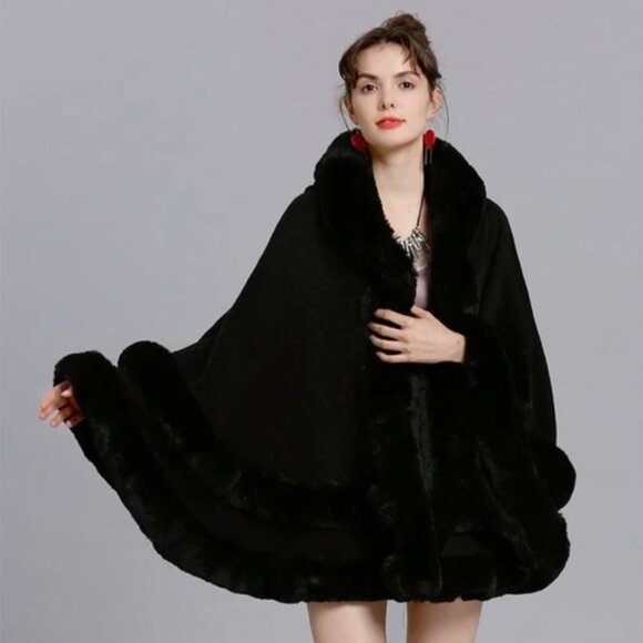 Double Layer Imitated Rex Fur Cape Coat Hooded Shawl Winter Women Knit Poncho BL - Picture 1 of 16